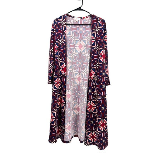 LuLaRoe Sarah Women's Navy Blue & Burgundy Long Cardigan - Picture 1 of 7